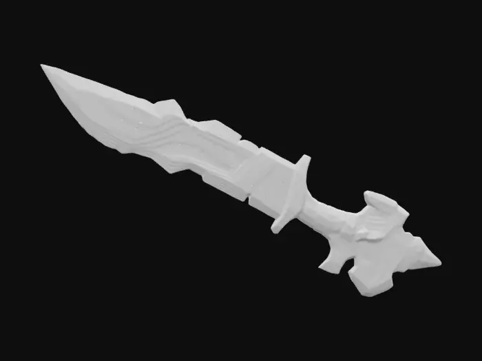 3D model for #ChronoForgeWeapon#, A double-edged glaive combining a dinosaur’s fossilized rib bone and shimmering crystalline energy. The blade is a mix of molten bronze from ancient Mesopotamia and futuristic nanoglass that refracts light in prismatic waves. The shaft hums with runic symbols that glow and shift like a living timeline, tethering past and future into one devastating artifact.