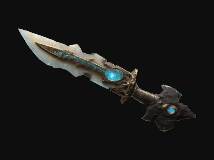 3D model for #ChronoForgeWeapon#, A double-edged glaive combining a dinosaur’s fossilized rib bone and shimmering crystalline energy. The blade is a mix of molten bronze from ancient Mesopotamia and futuristic nanoglass that refracts light in prismatic waves. The shaft hums with runic symbols that glow and shift like a living timeline, tethering past and future into one devastating artifact.