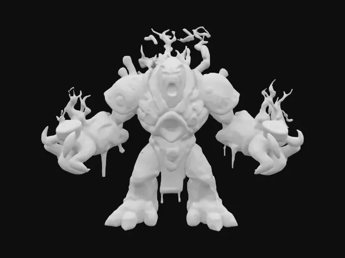 3D model for LAVA GOLEM SCULPTOR with heavy stone limbs dripping molten metal, embedded tools fused into arms, glowing carvings on chest, asymmetrical shape with chipped features, stylized texture with glowing core highlights.