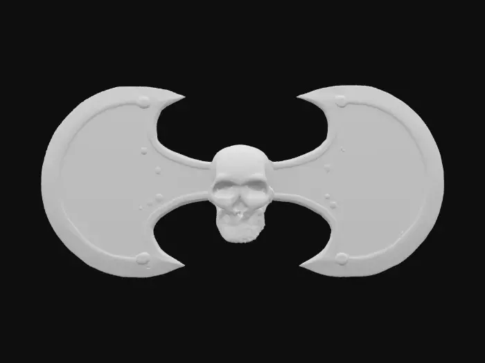 3D model for Stylized double-headed battle axe, broad and heavy, with blackened steel blades etched with runic swirls, edges chipped from battle. Central skull-shaped metal hub, darkened with soot and age. Reinforced oak handle wrapped in frayed leather, with iron studs for grip. Subtle glowing crimson veins pulse across the blade engravings, hinting at dark enchantment. Finish is matte metal with faint polished highlights, textures rough and battle-worn, proportions exaggerated for a heroic, stylized silhouette.