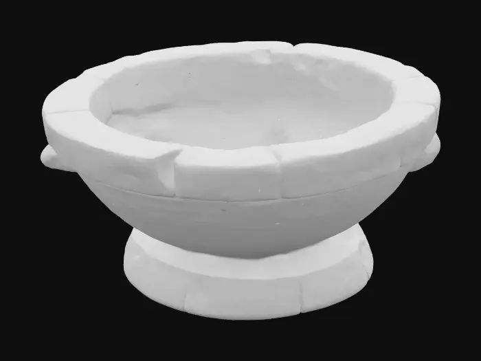 3D model for Ritual basin hewn from black basalt, circular and deep with thick, straight walls. Exterior decorated with faint horizontal ridges; interior smooth from wear. Rim uneven with small fractures and chipped segments. Base is broad and blocky, slightly asymmetrical. Texture rough and porous with scattered surface pitting.