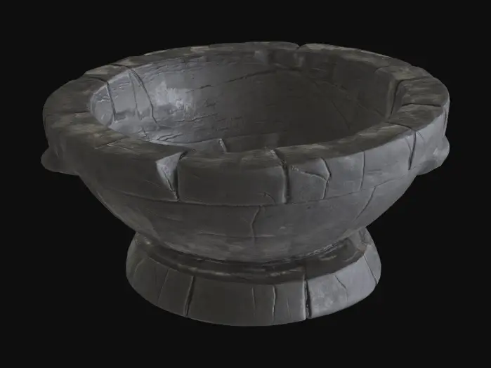 3D model for Ritual basin hewn from black basalt, circular and deep with thick, straight walls. Exterior decorated with faint horizontal ridges; interior smooth from wear. Rim uneven with small fractures and chipped segments. Base is broad and blocky, slightly asymmetrical. Texture rough and porous with scattered surface pitting.