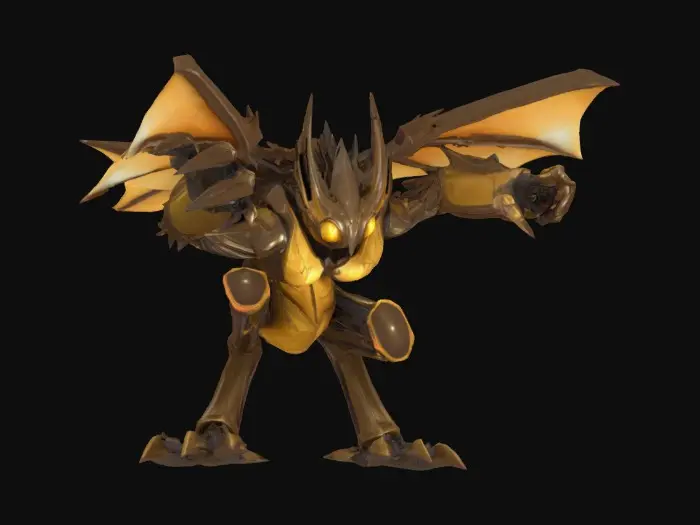 3D model for A sinewy, insectoid desert stalker in T-pose, its chitinous body shimmering with bronze and sand-gold hues. Long segmented limbs end in sharp, scythe-like claws, with delicate spines running along its forearms. Its elongated head has a layered, armored crest, and multifaceted eyes that faintly glimmer amber. Thin, membranous wings rest folded along its back, torn and sun-bleached at the edges. The textures shift between glossy, shell-like plates and dry, cracked surfaces, giving it an aged, battle-worn presence.