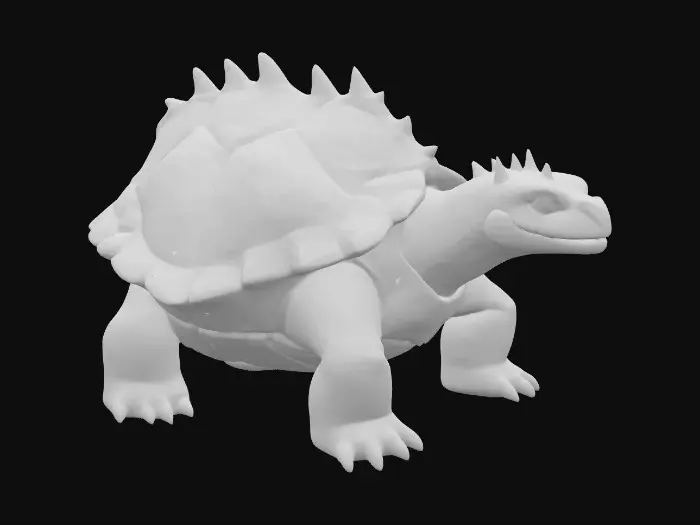 3D model for A massive Terradrake, a dragon-turtle hybrid with a broad, domed shell of segmented stone-brown and mossy green plates, etched with deep grooves and patches of lichen-like growth. Its scaled, olive-green head has a broad snout, bony brow ridges, and small jawline horns, with piercing amber-gold eyes showing a powerful, determined expression. Thick, muscular limbs end in dark, chipped claws, while its jagged, plated tail ends in a spiked club tip. The shell and scales are weathered, ridged, and scratched, with faint glowing amber cracks between plates, giving the creature an ancient, battle-worn presence.