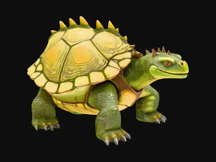 3D model for A massive Terradrake, a dragon-turtle hybrid with a broad, domed shell of segmented stone-brown and mossy green plates, etched with deep grooves and patches of lichen-like growth. Its scaled, olive-green head has a broad snout, bony brow ridges, and small jawline horns, with piercing amber-gold eyes showing a powerful, determined expression. Thick, muscular limbs end in dark, chipped claws, while its jagged, plated tail ends in a spiked club tip. The shell and scales are weathered, ridged, and scratched, with faint glowing amber cracks between plates, giving the creature an ancient, battle-worn presence.