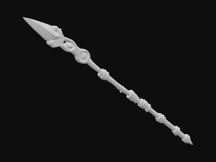 3D model for Tribal War Spear – wooden shaft wrapped in cloth and leather strips, stone or obsidian blade with carved markings.