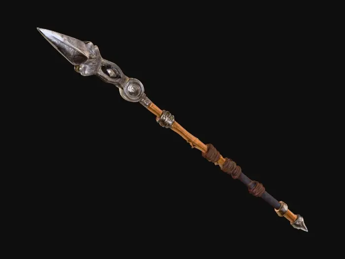 3D model for Tribal War Spear – wooden shaft wrapped in cloth and leather strips, stone or obsidian blade with carved markings.