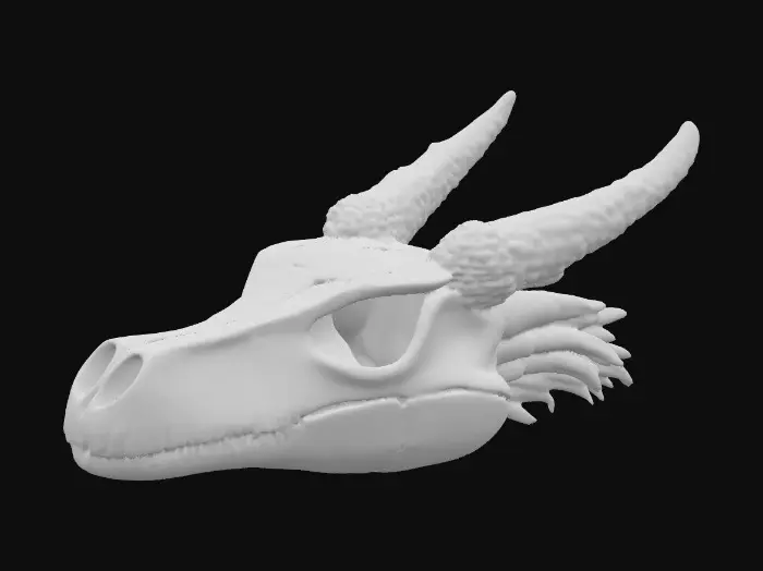 3D model for #PBR#, A fossilized dragon skull with elongated, ridged horns curving backward. The bone texture is weathered ivory with deep cracks and porous details, dusted with mossy green and earthen brown discoloration. Metallic deposits of tarnished copper streak through parts of the skull, giving it a mineral-encrusted look. The eye sockets glow faintly with ghostly turquoise light, casting a soft luminescence over the fractured bone surface.