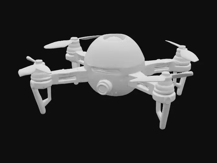 3D model for #PBR#, A compact hovering reconnaissance drone shaped like a spherical core with four jointed mechanical arms extending outward. Its body is made of matte carbon fiber plating interlaced with glossy chrome joints, dotted with glowing cyan light strips. The surface shows light scratches and heat discoloration around thrusters. Small hexagonal vents emit a faint blue glow. The drone’s central “eye” lens is a polished glass dome with a shifting neon holographic iris.