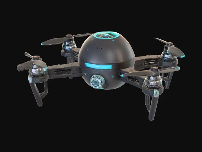 3D model for #PBR#, A compact hovering reconnaissance drone shaped like a spherical core with four jointed mechanical arms extending outward. Its body is made of matte carbon fiber plating interlaced with glossy chrome joints, dotted with glowing cyan light strips. The surface shows light scratches and heat discoloration around thrusters. Small hexagonal vents emit a faint blue glow. The drone’s central “eye” lens is a polished glass dome with a shifting neon holographic iris.
