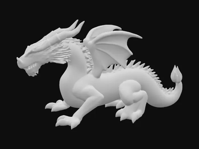 3D model for A medium-sized bio-organic dragon statue made of weathered ivory bone and matte obsidian, lined with gold filigree and runes; surface shows chipped corners and hairline fractures; textures are grooved, cracked, and waxy; deep black eyes with a soft green luminescence; accents of mossy growth in crevices., #PBR#
