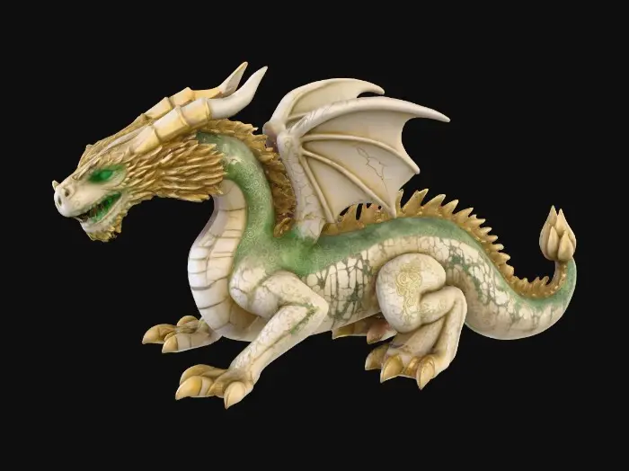 3D model for A medium-sized bio-organic dragon statue made of weathered ivory bone and matte obsidian, lined with gold filigree and runes; surface shows chipped corners and hairline fractures; textures are grooved, cracked, and waxy; deep black eyes with a soft green luminescence; accents of mossy growth in crevices., #PBR#