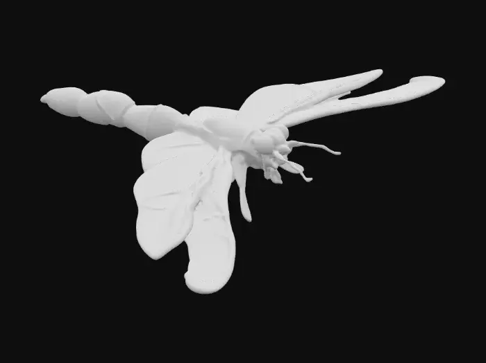 3D model for a dragonfly-shaped relic with elongated crystal wings made of iridescent quartz shards, brass inlays running along each wing vein, and a segmented jade body. Faceted emerald eyes with gemstone shaders. PBR texture set includes quartz (translucency + subsurface scattering), polished jade, brass with patina, and gemstone reflections. Designed as a showcase asset for cinematic rendering.