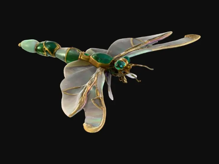 3D model for a dragonfly-shaped relic with elongated crystal wings made of iridescent quartz shards, brass inlays running along each wing vein, and a segmented jade body. Faceted emerald eyes with gemstone shaders. PBR texture set includes quartz (translucency + subsurface scattering), polished jade, brass with patina, and gemstone reflections. Designed as a showcase asset for cinematic rendering.