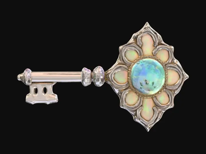 3D model for A 3D model of an ornate, elongated key crafted from polished platinum and inlaid with swirling nebula-colored opals. The handle forms a circular frame with floating rings inside, rotating slowly. PBR textures: platinum (metallic), iridescent opal (subsurface glow), emissive nebula effect. Modeled for clean topology with elegant minimalism