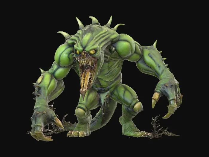 3D model for #villain#, A grotesque, hulking Bio-Abomination, its uneven, greenish-black hide glistening with a viscous, oily sheen and riddled with pulsating, tumor-like growths. Jagged bone spurs protrude from its hunched back and massive shoulders. Its multi-jointed limbs end in razor-sharp, chitinous claws, and its distorted head features a fanged maw constantly drooling iridescent fluid, with small, sunken yellow eyes fixed in a perpetual snarl.