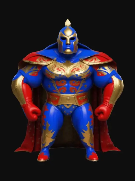3D model for Stylized muscular humanoid inspired by a luchador, featuring a bright blue mask with gold star accents, a red cape flowing dramatically, and vibrant wrestling attire with bold primary colors. The character stands in a powerful A-pose, exuding energy and strength, with intricate textured details on the mask, fabric, and boots. Add a playful touch with cartoonish proportions and a confident expression, blending realism with a bold, heroic aesthetic.