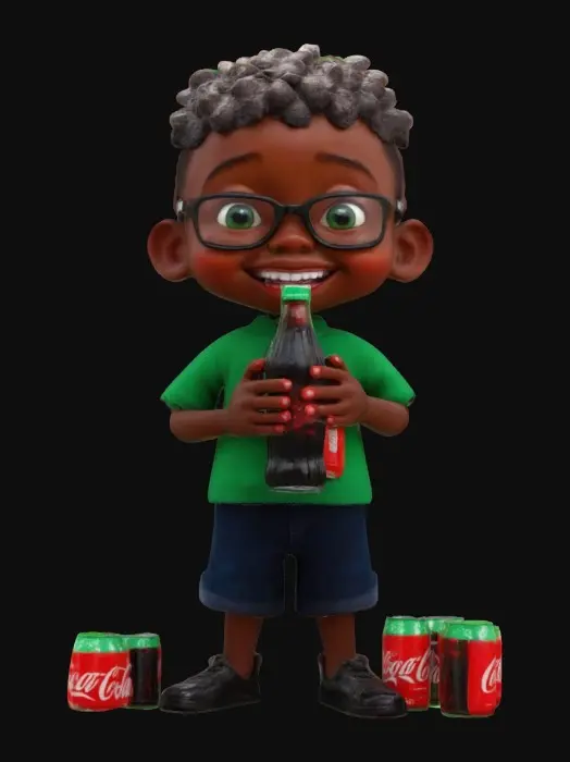 3D model for A joyful boy named Sipho stands in a surreal supermarket filled with talking Coke bottles. One bottle boasts confidently, while another points to its green tabs in an animated argument. Singing cupcakes and dog-shaped glasses add to the magical chaos. Sipho laughs, holding a Coke bottle, with tin cans at his feet, capturing the scene’s whimsical charm.