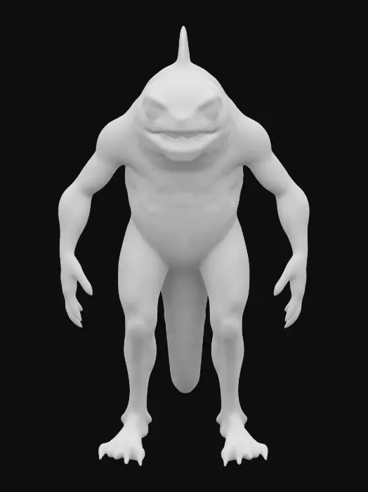 3D model for Dagon, a mythical being with a fish-like upper body and human legs. Its head is fully aquatic, featuring large, glassy eyes, gills along its neck, and sharp, jagged teeth. The upper torso is covered in shimmering scales that transition into smooth, muscular human legs. The combination of its aquatic features and humanoid lower half gives it an eerie and otherworldly presence, blending the realms of sea and land in one fearsome figure.
