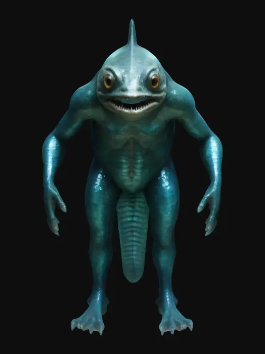 3D model for Dagon, a mythical being with a fish-like upper body and human legs. Its head is fully aquatic, featuring large, glassy eyes, gills along its neck, and sharp, jagged teeth. The upper torso is covered in shimmering scales that transition into smooth, muscular human legs. The combination of its aquatic features and humanoid lower half gives it an eerie and otherworldly presence, blending the realms of sea and land in one fearsome figure.