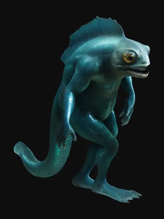 3D model for Dagon, a mythical being with a fish-like upper body and human legs. Its head is fully aquatic, featuring large, glassy eyes, gills along its neck, and sharp, jagged teeth. The upper torso is covered in shimmering scales that transition into smooth, muscular human legs. The combination of its aquatic features and humanoid lower half gives it an eerie and otherworldly presence, blending the realms of sea and land in one fearsome figure.