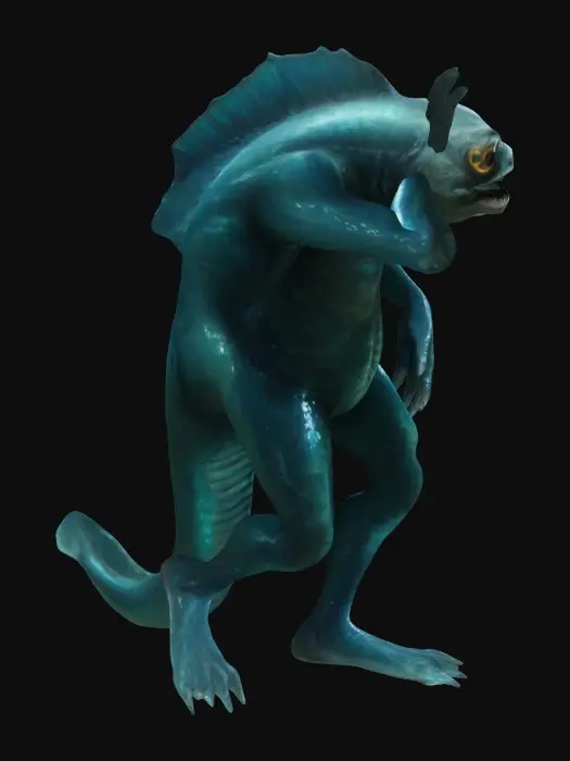 3D model for Dagon, a mythical being with a fish-like upper body and human legs. Its head is fully aquatic, featuring large, glassy eyes, gills along its neck, and sharp, jagged teeth. The upper torso is covered in shimmering scales that transition into smooth, muscular human legs. The combination of its aquatic features and humanoid lower half gives it an eerie and otherworldly presence, blending the realms of sea and land in one fearsome figure.