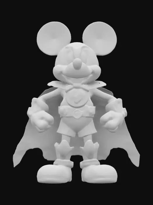 3D model for A heroic reimagining of 1928-style Mickey Mouse, standing in a bold superhero pose. He wears a flowing cape, vintage-style armored gloves, and boots with a retro-futuristic flair. His black-and-white color scheme remains, but his eyes shine with determination. The outfit blends classic 1920s animation charm with heroic elements, featuring a bold emblem on his chest. His expression is confident, and his stance exudes strength and bravery.
