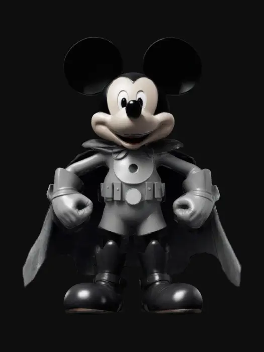 3D model for A heroic reimagining of 1928-style Mickey Mouse, standing in a bold superhero pose. He wears a flowing cape, vintage-style armored gloves, and boots with a retro-futuristic flair. His black-and-white color scheme remains, but his eyes shine with determination. The outfit blends classic 1920s animation charm with heroic elements, featuring a bold emblem on his chest. His expression is confident, and his stance exudes strength and bravery.