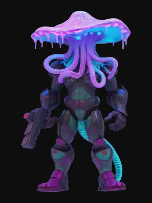 3D model for #game figure#, cyberpunk CTHULHU WARRIOR in a dynamic stance, biomechanical tentacles extending from beneath a wide-brimmed MUSHROOM HAT infused with neon circuitry. Sleek, high-tech armor adorned with glowing cyan and magenta lines, exuding an eerie yet powerful aura. One arm confidently raised, aiming a futuristic energy pistol, while the other crackles with bio-electric energy. A fusion of eldritch horror and neon-drenched sci-fi, radiating both mystique and menace.