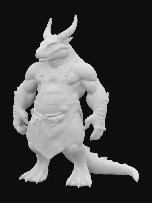 3D model for HORNED DRAGON SMITH with muscular reptilian frame, heavy apron covered in scorch marks, glowing forge embedded in chest, molten metal claws, tools attached to belt, smoke drifting from nose, proud stance.