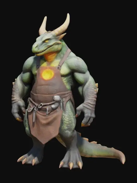 3D model for HORNED DRAGON SMITH with muscular reptilian frame, heavy apron covered in scorch marks, glowing forge embedded in chest, molten metal claws, tools attached to belt, smoke drifting from nose, proud stance.