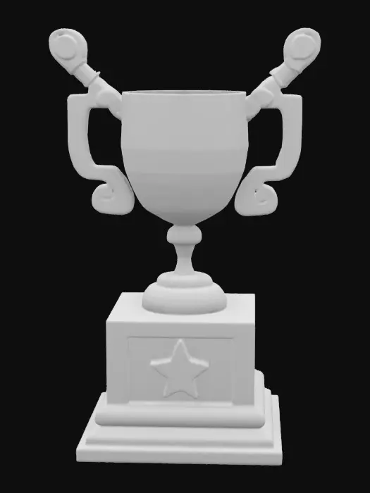 3D model for A blocky trophy with a pixelated humanoid standing on top, one arm raised in victory. The base is a beveled square platform with layered edging and a small emblem on the front.