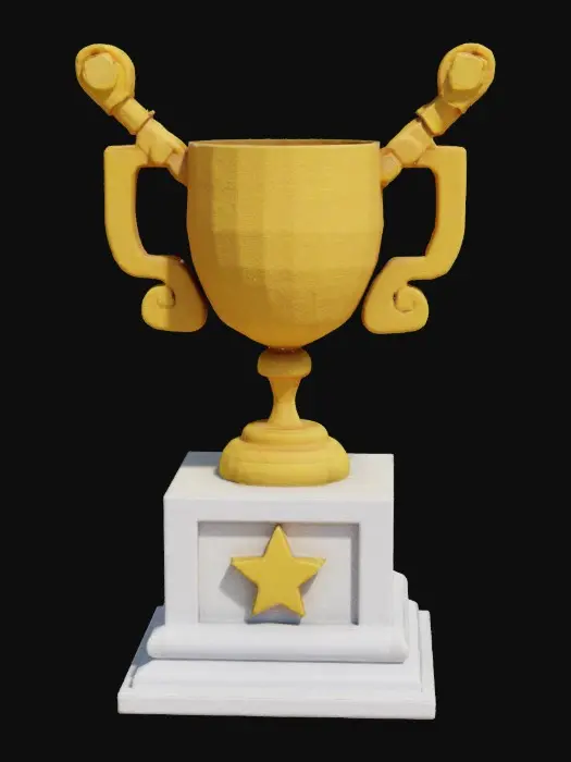 3D model for A blocky trophy with a pixelated humanoid standing on top, one arm raised in victory. The base is a beveled square platform with layered edging and a small emblem on the front.