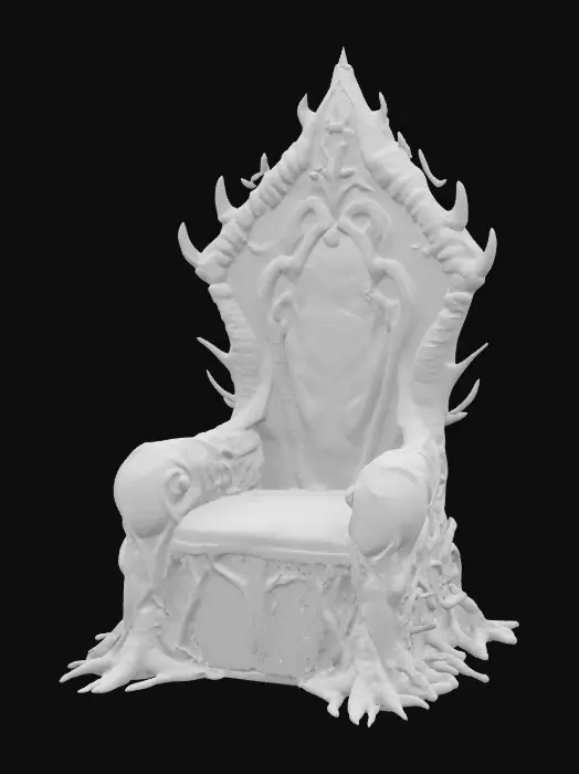 3D model for A towering bio-organic alien throne formed from chitinous bone and sinewy muscle strands, glossy and wet with a slick, dark maroon sheen. The backrest arches high like a ribcage, ridged and pulsating faintly with bioluminescent teal veins. Armrests curl outward with talon-like grips, textured with knotted, vein-covered skin. The seat is sunken, cushioned by gelatinous membrane patches that twitch subtly. Small spore pods pulse at the base, emitting wisps of iridescent mist. Overall appearance is grotesque yet regal, alive and slowly shifting, as if breathing.