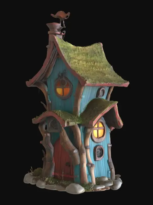 3D model for Whimsical crooked wizard hut, perched on a stone foundation, with twisting timber walls painted in faded teal and red, shingled roof of uneven tiles tipped with moss. Round glowing windows emit a warm golden light, a rusted weather-vane creaks on top. Wood beams are warped and knotted, iron hardware rust-stained. Textures are hand-painted, slightly chipped, and weathered, proportions exaggerated with a tall, off-balance silhouette.