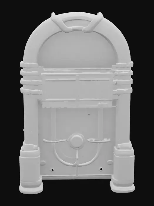 3D model for A brushed aluminum, retro-futuristic diner jukebox stands 1.2m tall in a neon-lit space-station lounge. Its arched teal body sports mirror-polished chrome ribs and a ribbed plexiglass front. A rotating vinyl carousel fills the lower third, while an amber-lit selector panel and pulsing hot-pink neon tubes dance to the beat, faint scratches hinting at decades of use.