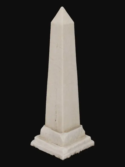 3D model for Towering obelisk fragment made of weathered limestone, jagged at the broken top. Four sides subtly taper upward, each face carved with shallow vertical grooves. Corners heavily chipped, with chunks missing along the edges. Surface matte and powdery, flecked with darker mineral spots. Proportions thick and squat, clearly a surviving piece of a larger structure.