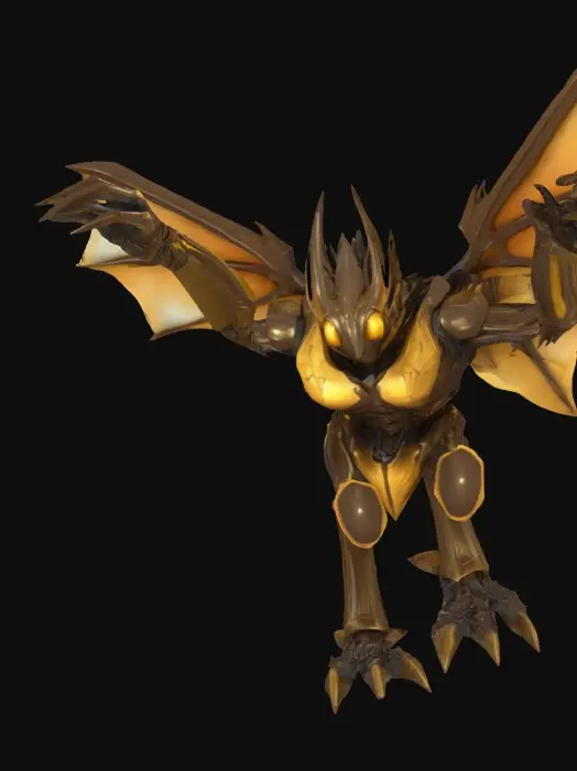 3D model for A sinewy, insectoid desert stalker in T-pose, its chitinous body shimmering with bronze and sand-gold hues. Long segmented limbs end in sharp, scythe-like claws, with delicate spines running along its forearms. Its elongated head has a layered, armored crest, and multifaceted eyes that faintly glimmer amber. Thin, membranous wings rest folded along its back, torn and sun-bleached at the edges. The textures shift between glossy, shell-like plates and dry, cracked surfaces, giving it an aged, battle-worn presence.