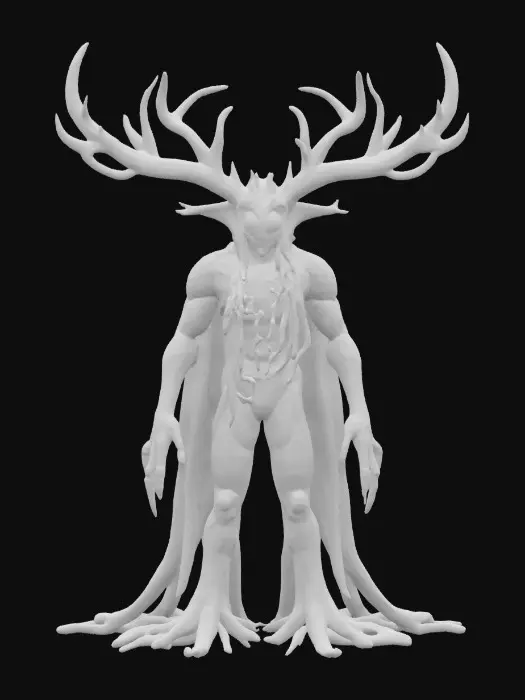 3D model for A hulking, bark-skinned forest sentinel in A-pose, its body formed from gnarled tree roots fused with smooth stone slabs. Soft green bioluminescence seeps from deep cracks across its torso and arms. Its head resembles a weathered wooden mask with two glowing hollow eyes, crowned by twisted branch-like antlers. Moss and lichen cling to its shoulders and forearms, adding an overgrown, ancient feel. Surfaces alternate between rough bark, slick moss, and fractured stone, giving it a grounded yet mystical presence.