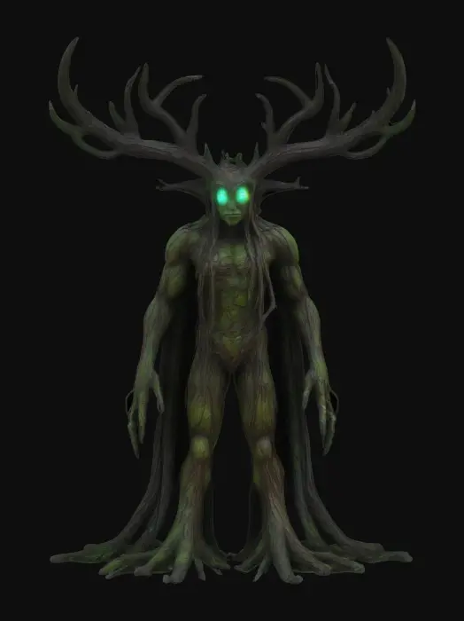 3D model for A hulking, bark-skinned forest sentinel in A-pose, its body formed from gnarled tree roots fused with smooth stone slabs. Soft green bioluminescence seeps from deep cracks across its torso and arms. Its head resembles a weathered wooden mask with two glowing hollow eyes, crowned by twisted branch-like antlers. Moss and lichen cling to its shoulders and forearms, adding an overgrown, ancient feel. Surfaces alternate between rough bark, slick moss, and fractured stone, giving it a grounded yet mystical presence.