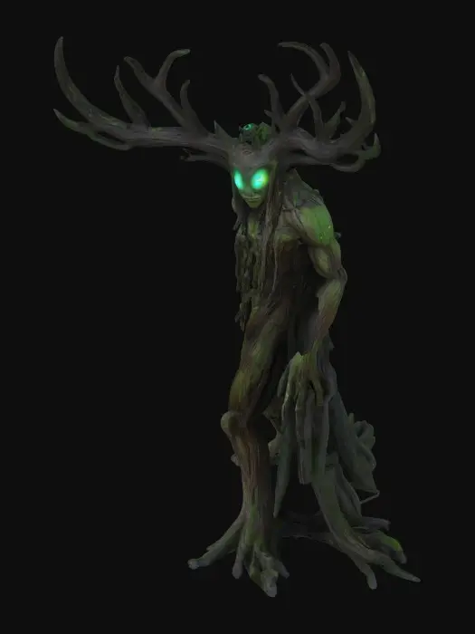 3D model for A hulking, bark-skinned forest sentinel in A-pose, its body formed from gnarled tree roots fused with smooth stone slabs. Soft green bioluminescence seeps from deep cracks across its torso and arms. Its head resembles a weathered wooden mask with two glowing hollow eyes, crowned by twisted branch-like antlers. Moss and lichen cling to its shoulders and forearms, adding an overgrown, ancient feel. Surfaces alternate between rough bark, slick moss, and fractured stone, giving it a grounded yet mystical presence.