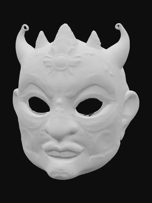 3D model for Ornate ceremonial mask crafted from lacquered wood, vivid deep red base with bold gold-painted patterns across the cheeks and brow. Large almond-shaped eye openings outlined in black. Forehead inset with a carved sun emblem, painted bright yellow. Surface smooth and glossy with fine brushstroke textures visible. Edges slightly worn, exposing the darker wood beneath.