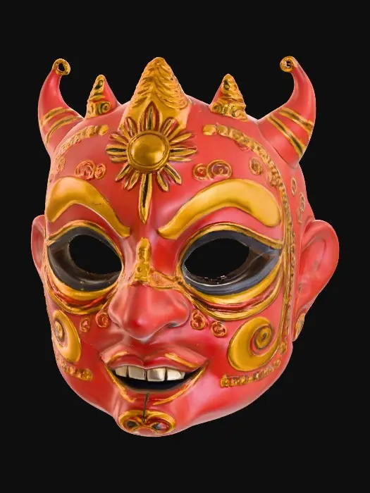 3D model for Ornate ceremonial mask crafted from lacquered wood, vivid deep red base with bold gold-painted patterns across the cheeks and brow. Large almond-shaped eye openings outlined in black. Forehead inset with a carved sun emblem, painted bright yellow. Surface smooth and glossy with fine brushstroke textures visible. Edges slightly worn, exposing the darker wood beneath.