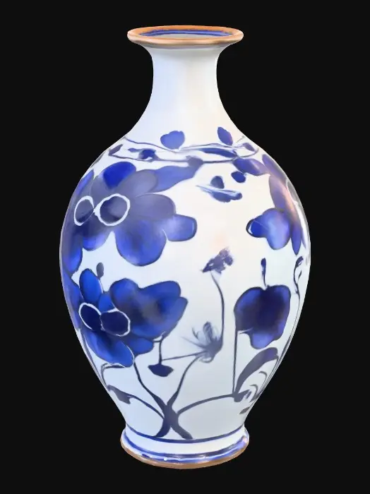 3D model for Decorative ceramic vessel, bulbous body with a narrow neck, painted in rich cobalt blue with swirling white floral motifs. Glazed surface glossy and reflective, with slight drips near the base. Lip rim accented in metallic bronze paint. Subtle hairline cracks in the glaze add age and character. Bottom flattened for stability.