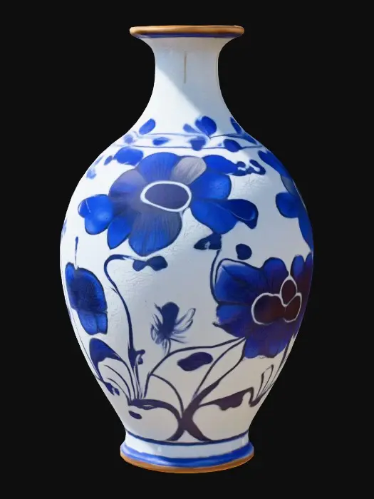 3D model for Decorative ceramic vessel, bulbous body with a narrow neck, painted in rich cobalt blue with swirling white floral motifs. Glazed surface glossy and reflective, with slight drips near the base. Lip rim accented in metallic bronze paint. Subtle hairline cracks in the glaze add age and character. Bottom flattened for stability.