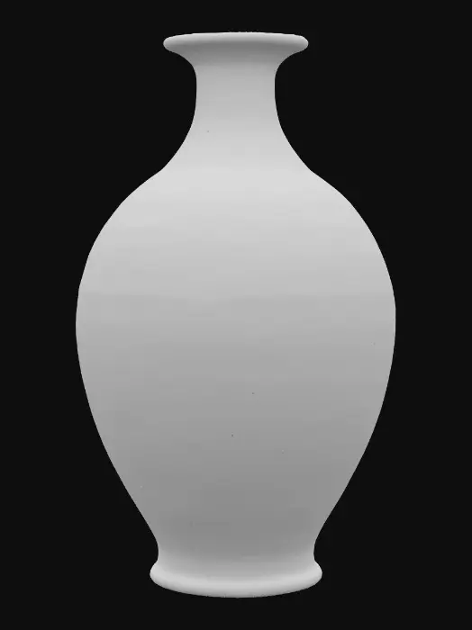 3D model for Decorative ceramic vessel, bulbous body with a narrow neck, painted in rich cobalt blue with swirling white floral motifs. Glazed surface glossy and reflective, with slight drips near the base. Lip rim accented in metallic bronze paint. Subtle hairline cracks in the glaze add age and character. Bottom flattened for stability.