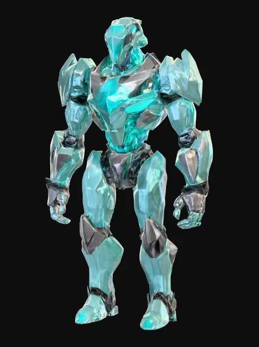 3D model for Stylized crystalline golem in a T-pose, humanoid form made of jagged translucent quartz shards with an inner glowing cyan core. Arms and legs are segmented with angular facets, refracting light across their surfaces. The head is a smooth crystal dome with glowing runic etchings faintly pulsing beneath. Joints are reinforced with dark metallic braces, slightly weathered. Texture is a mix of sharp glass-like crystal and aged matte metal, giving an arcane, mystical presence.