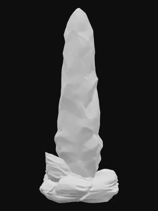 3D model for A towering obelisk stands forged from aged, weathered obsidian, its jagged edges softened by centuries of erosion yet retaining a sharp, foreboding presence. Intricate veins of luminous teal crystal run through its fissures, casting a faint, pulsating glow that dances across its rough, pitted surface. Deeply carved runes, filled with faintly shimmering silver dust, spiral upward, imbuing it with an aura of forgotten power. Its massive, monolithic form exudes an ancient and immovable strength.