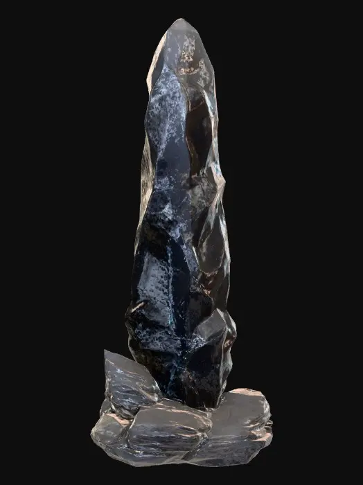 3D model for A towering obelisk stands forged from aged, weathered obsidian, its jagged edges softened by centuries of erosion yet retaining a sharp, foreboding presence. Intricate veins of luminous teal crystal run through its fissures, casting a faint, pulsating glow that dances across its rough, pitted surface. Deeply carved runes, filled with faintly shimmering silver dust, spiral upward, imbuing it with an aura of forgotten power. Its massive, monolithic form exudes an ancient and immovable strength.