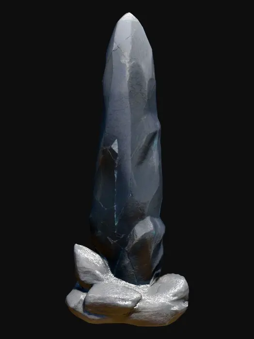 3D model for A towering obelisk stands forged from aged, weathered obsidian, its jagged edges softened by centuries of erosion yet retaining a sharp, foreboding presence. Intricate veins of luminous teal crystal run through its fissures, casting a faint, pulsating glow that dances across its rough, pitted surface. Deeply carved runes, filled with faintly shimmering silver dust, spiral upward, imbuing it with an aura of forgotten power. Its massive, monolithic form exudes an ancient and immovable strength.